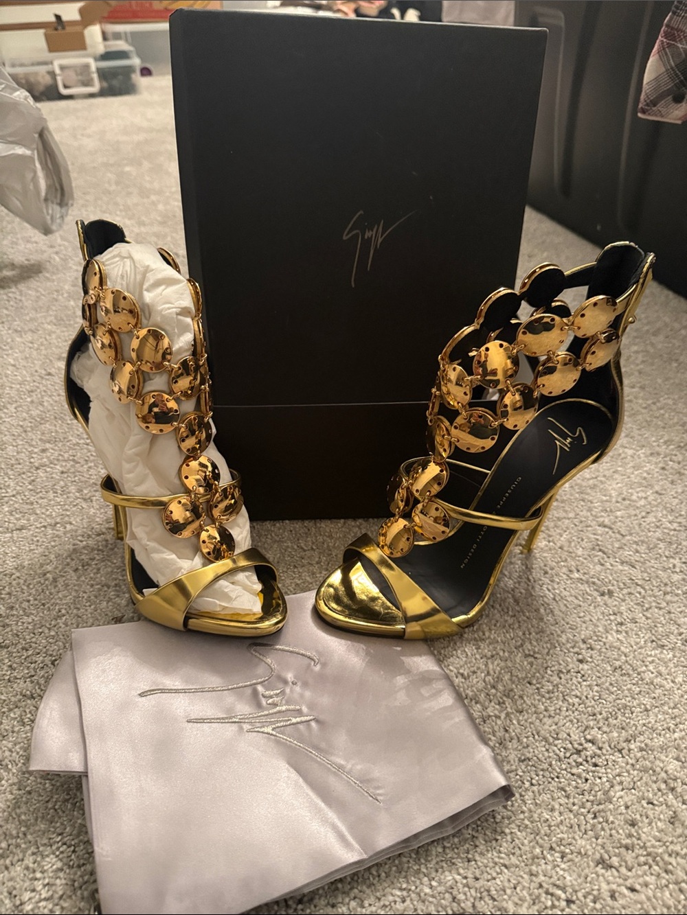 Giuseppe Zanotti Metallic Gold Disc-Embellished Stiletto Sandals